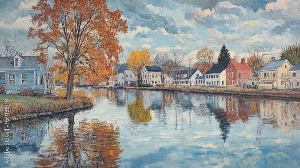 Obraz premium Painted riverside town in autumn