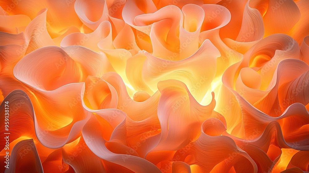 A close-up of an abstract painting featuring orange and white flowers with a yellow center surrounded by smaller orange and white petals A close-up of an abstract painting featuring orange and white flowers with a yellow center surrounded by smaller orange and white petals