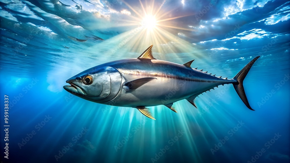 Obraz premium a tuna fish swimming swiftly through the sunlit ocean waters, showcasing its streamlined body and agility.
