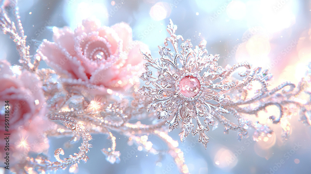 Close-up of flowers with snowflakes on top and bottom Close-up of flowers with snowflakes on top and bottom