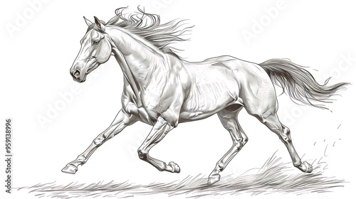 Elegant line drawing of a horse galloping, isolated on white background. 32k, full ultra HD, high resolution photo