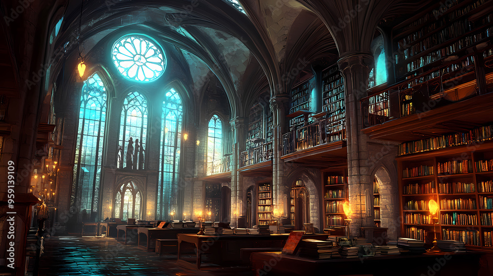 Ai generated image of a large ancient library with high gothic arches, stained glass windows, vintage wooden furniture and magical lights. Gothic. Illustration Ai generated image of a large ancient library with high gothic arches, stained glass windows, vintage wooden furniture and magical lights. Gothic. Illustration