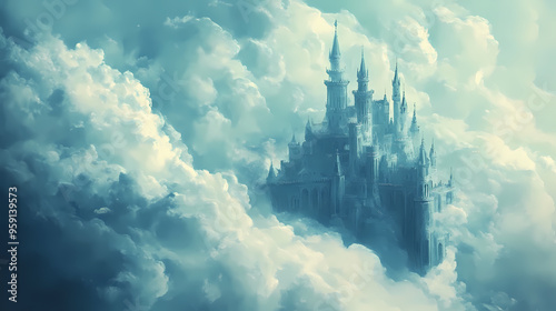 Digital painting of a fantasy castle in the clouds in a low key color scheme and gothic architecture - fantasy illustration. Gothic. Illustration