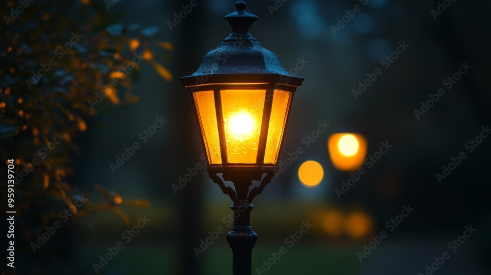 Nighttime park lanterns in autumn