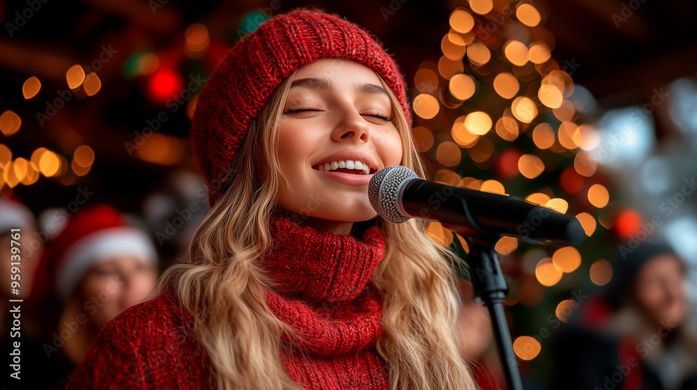 woman blonde with red hat christmas sweater singing with a microphone on christmas eve