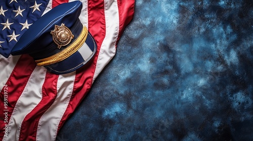 Patriotic police hat on american flag with textured blue background