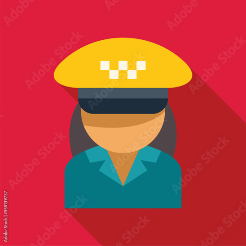 Female taxi driver wearing a yellow checkered cap smiling at a passenger in the back seat