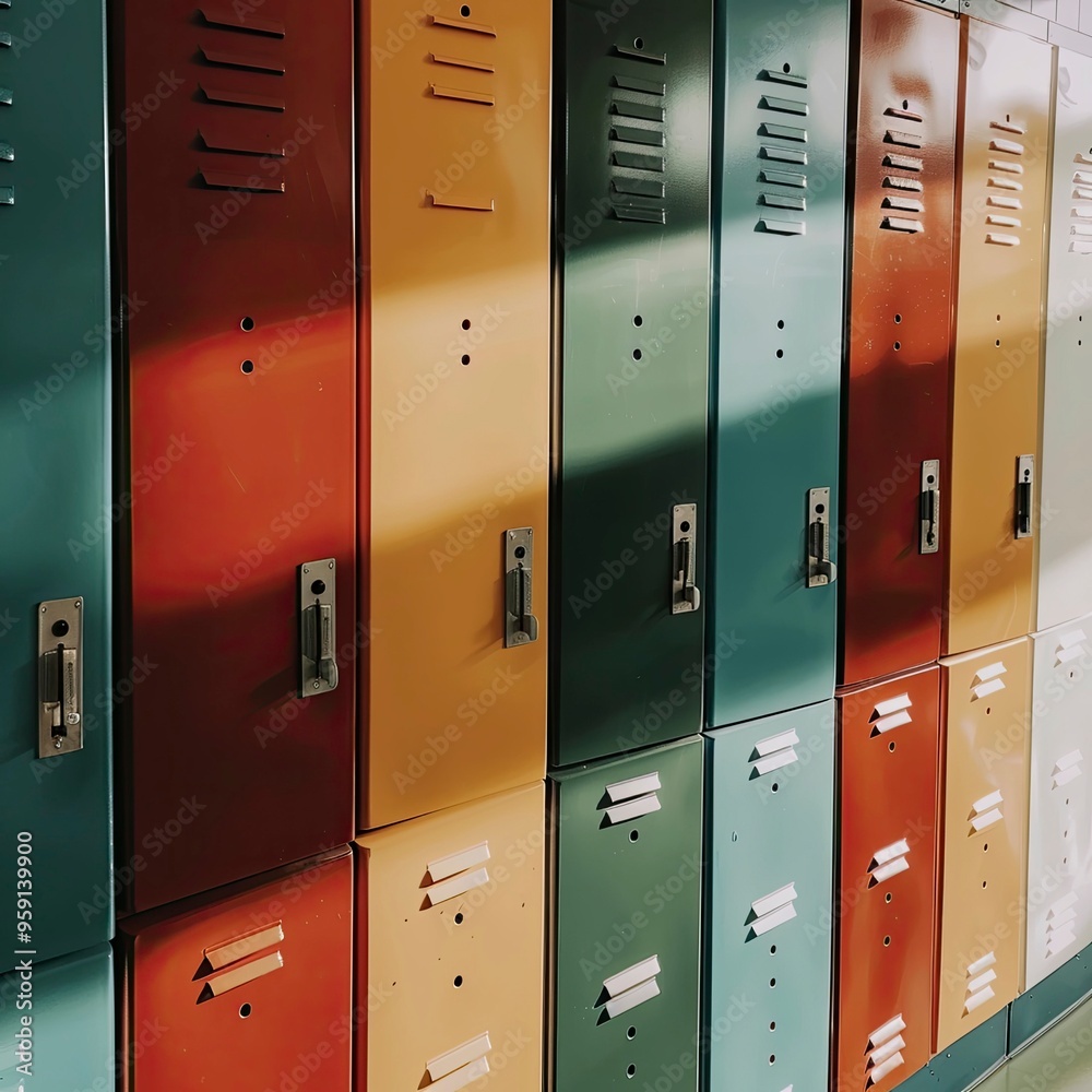 A row of colorful lockers in a school hallway. A row of colorful lockers in a school hallway.