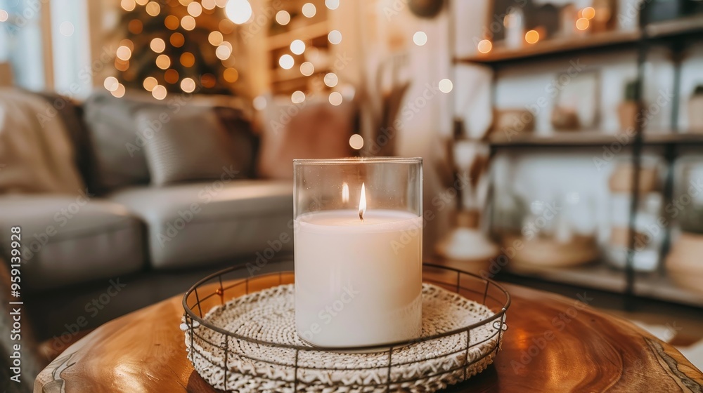 Softly glowing candlelight in holder with cozy blurred background for a warm ambiance Softly glowing candlelight in holder with cozy blurred background for a warm ambiance