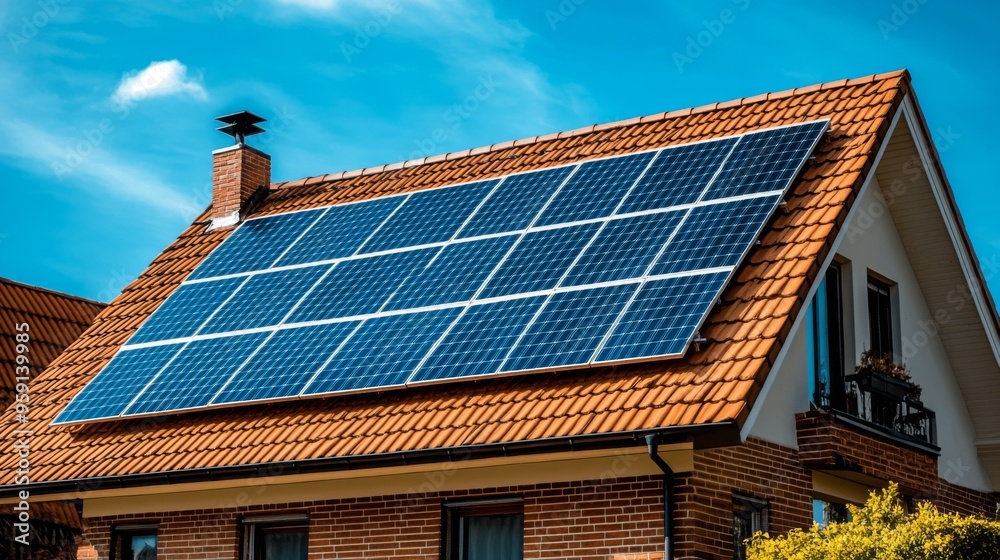 Fototapeta premium Solar Panels on Red Roof House