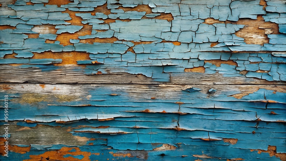 Weathered blue paint on old wood with peeling and cracked texture Weathered blue paint on old wood with peeling and cracked texture