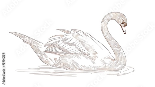 Elegant line drawing of a swan, isolated on white background. 32k, full ultra HD, high resolution photo