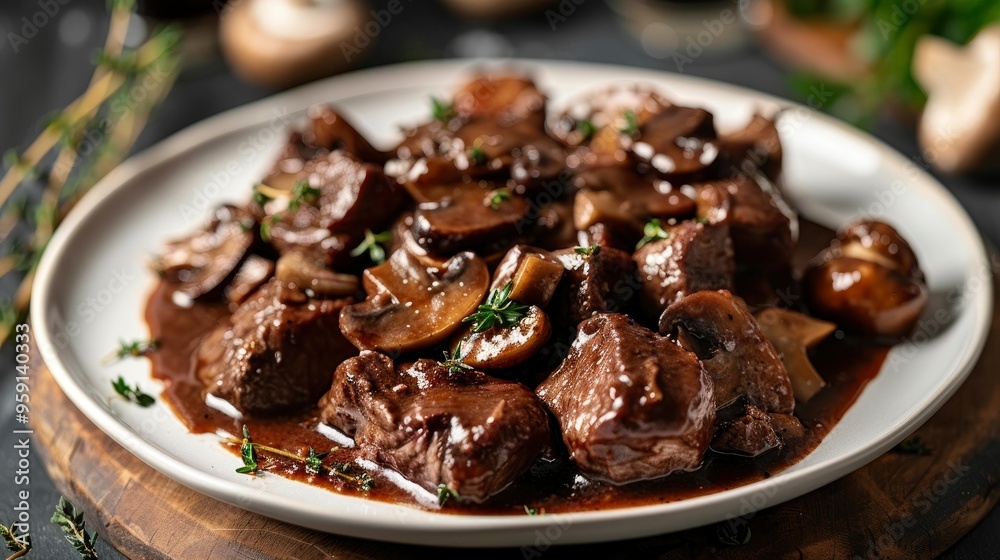A savory and satisfying plate of beef bourguignon, with tender chunks of beef, mushrooms, and a rich, red wine sauce A savory and satisfying plate of beef bourguignon, with tender chunks of beef, mushrooms, and a rich, red wine sauce