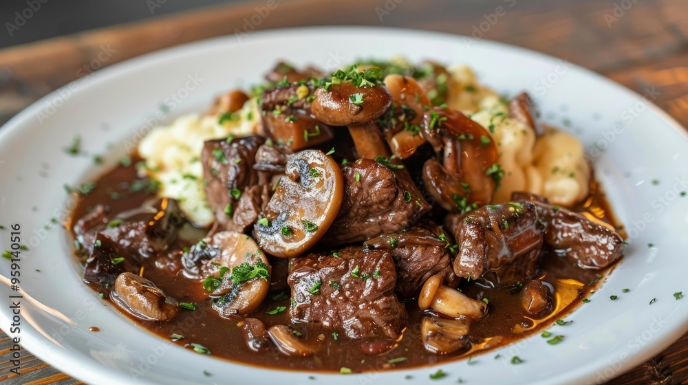 A savory and satisfying plate of beef bourguignon, with tender chunks of beef, mushrooms, and a rich, red wine sauce A savory and satisfying plate of beef bourguignon, with tender chunks of beef, mushrooms, and a rich, red wine sauce