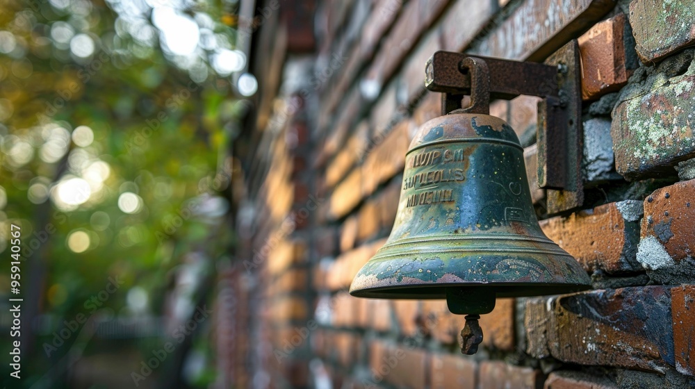 Fototapeta premium A school bell mounted on a brick wall outside.
