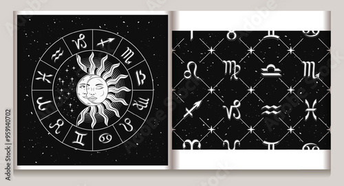 Horoscope wheel with sun eclipse, seamless geometric pattern with icons of all zodiac signs, stars. Classic square geometric diagonal net grid background. Esoteric mystic concept.