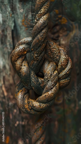 A close-up of a rusty rope tied in a knot.