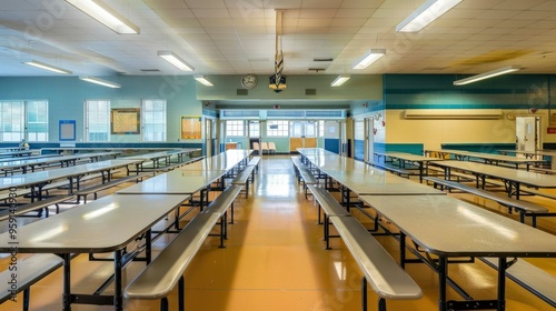 A school cafeteria with long tables and trays ready for lunch.