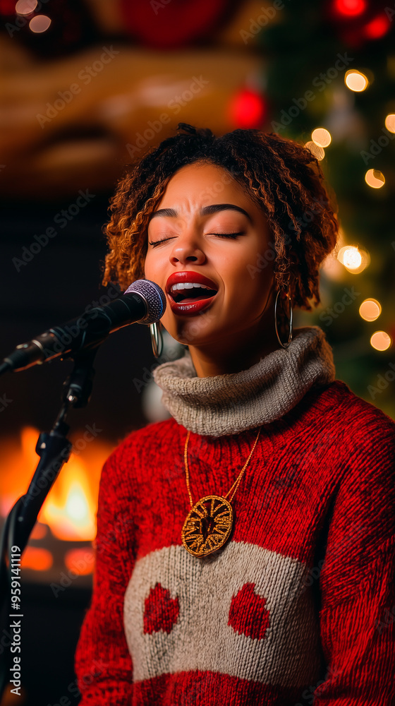 woman with short dreadlocks and a christmas sweater singing with a microphone on christmas eve