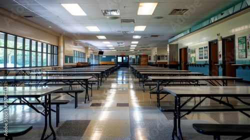 A school cafeteria with tables neatly arranged and ready for lunch.