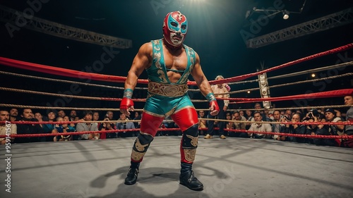  Close-up of an adult Mexican wrestler getting ready in the ring .Concept lucha libre photo