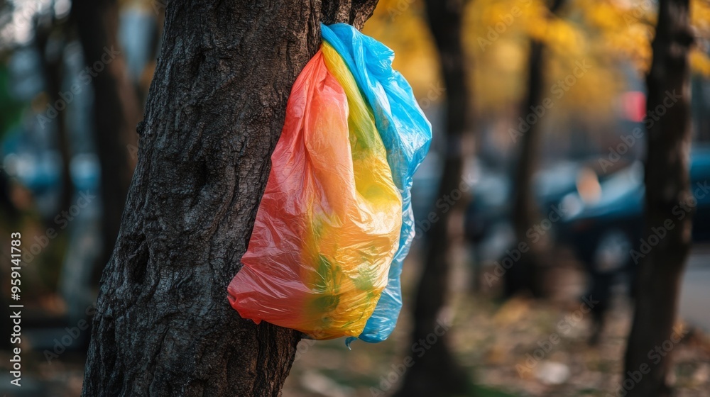 Colorful Plastic Bag Hung on Tree in Urban Environment Colorful Plastic Bag Hung on Tree in Urban Environment