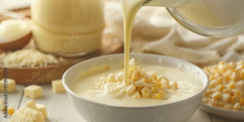 Pouring Condensed Milk into a Bowl of Buttered Cheese Corn or Jagung Susu Keju on a White Table photo