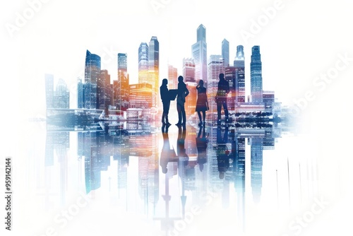 A group of people standing in front of a city skyline, perfect for use in urban or contemporary settings