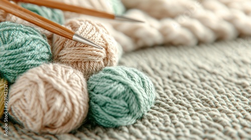  A cluster of yarn balls resting on a table nearby crochet needles