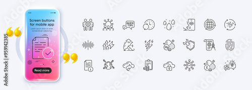 Lightning bolt, Accounting and Sound wave line icons for web app. Phone mockup gradient screen. Pack of Idea, Squad, World vaccination pictogram icons. Vector