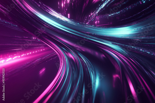 A futuristic abstract scene with luminous, flowing lines and holographic effects in purple and cyan. The background has a sleek, modern look with a dynamic sense of motion.