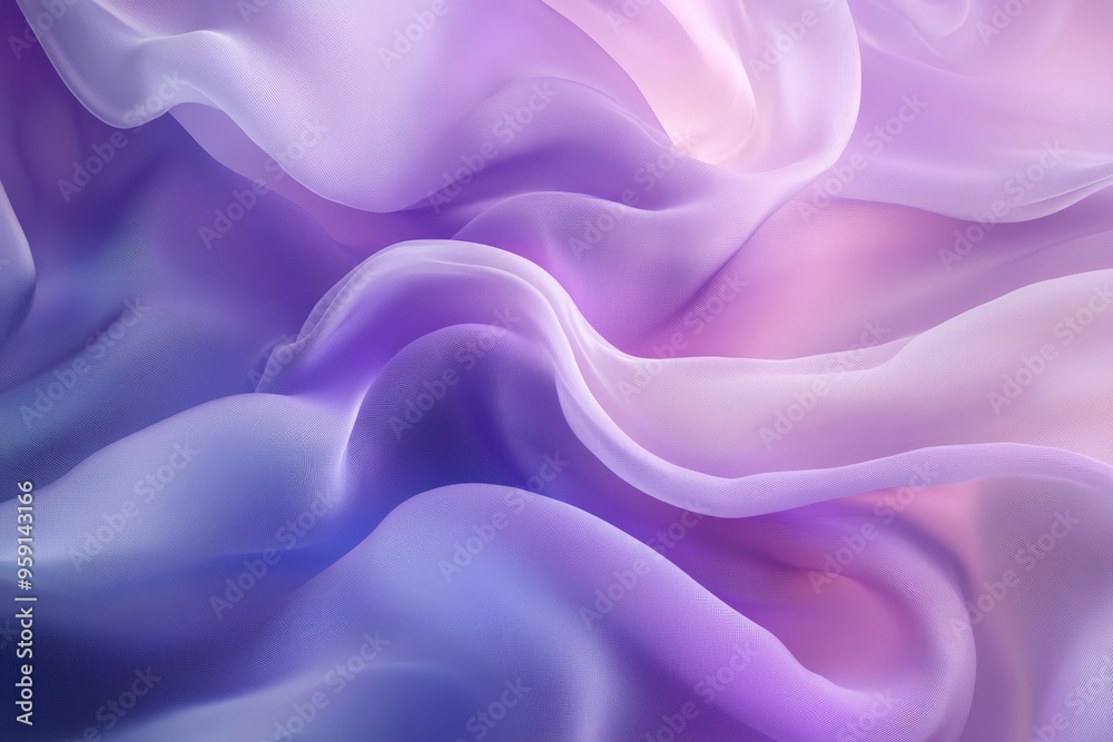 Fototapeta premium A modern abstract background with flowing 3D silk fabric in gradient shades of soft lavender to pale blue. The fabricâ€™s gentle waves create a dreamy, ethereal effect.