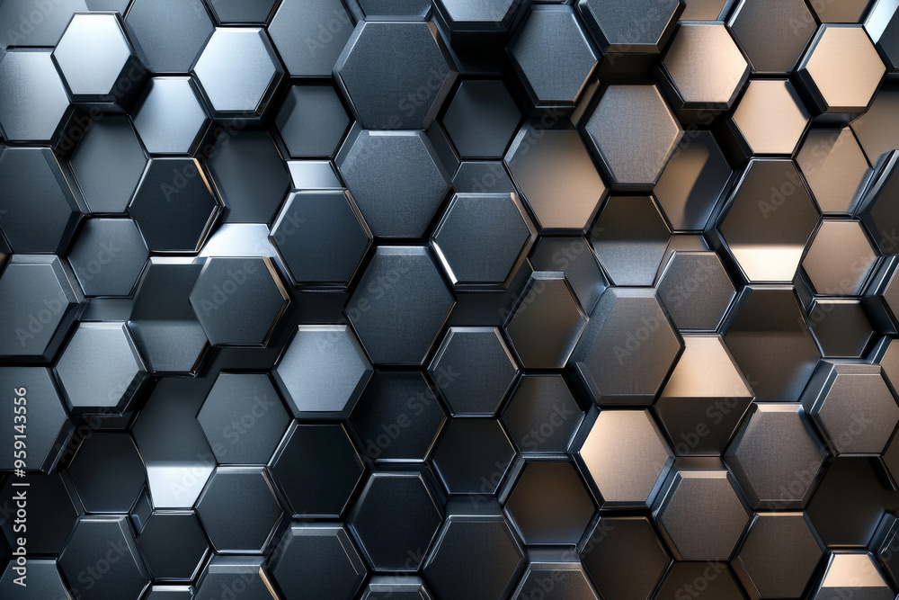 A modern 3D abstract background with interlocking, metallic hexagons and cubes in shades of grey and silver. The design features a sleek, industrial feel with a polished finish.