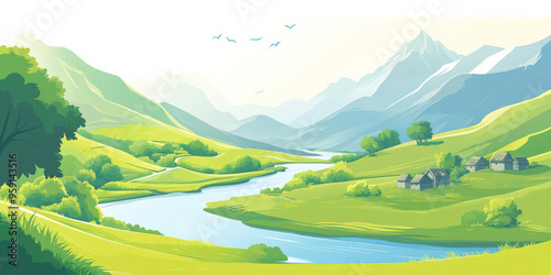 A peaceful cartoon valley landscape with rolling green hills, a clear blue river winding through, and a small village nestled at the foot of the mountains. The sky is bright and clear, with birds