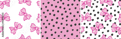 Cute seamless bow pattern with polka dots. Hand drawn illustration. Pretty, fun vector doodle for fabric, fashion, girls, teens, paper, card, gift. pink black and white