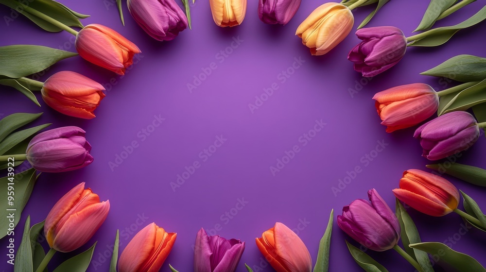 Tulips in Circular Arrangement on Purple Background Tulips in Circular Arrangement on Purple Background