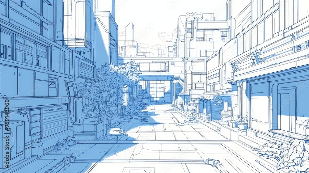 Line art illustration of an urban background featuring a courtyard showcasing a futuristic design suitable for wallpaper art Line art illustration of an urban background featuring a courtyard showcasing a futuristic design suitable for wallpaper art