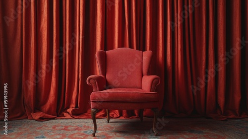 Red Armchair Against Red Curtain