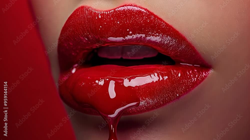 crimson paint dropping from the lips and crimson liquid falling onto ...