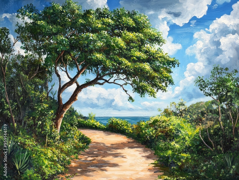 Oil painting depicting a tree with lush green leaves along a pathway bordered by bushes and other trees featuring a bright blue sky and vibrant natural scenery Oil painting depicting a tree with lush green leaves along a pathway bordered by bushes and other trees featuring a bright blue sky and vibrant natural scenery