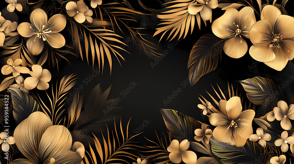 This modern set features art deco floral backgrounds, gold abstract flowers and leaves, and vintage ornaments in fancy nature motif styles. Art Deco. Illustration This modern set features art deco floral backgrounds, gold abstract flowers and leaves, and vintage ornaments in fancy nature motif styles. Art Deco. Illustration