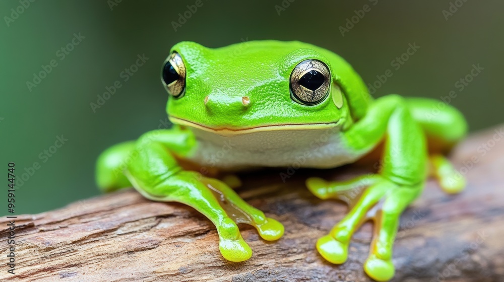A close up of a green frog sitting on top of a branch, AI A close up of a green frog sitting on top of a branch, AI