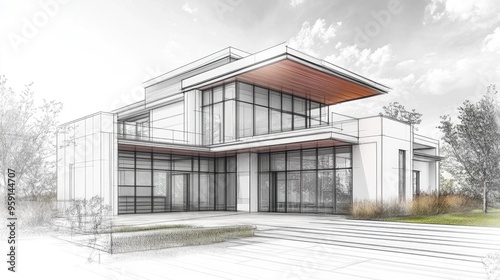 Line art illustration of a house featuring an architectural design accompanied by a 3D rendering