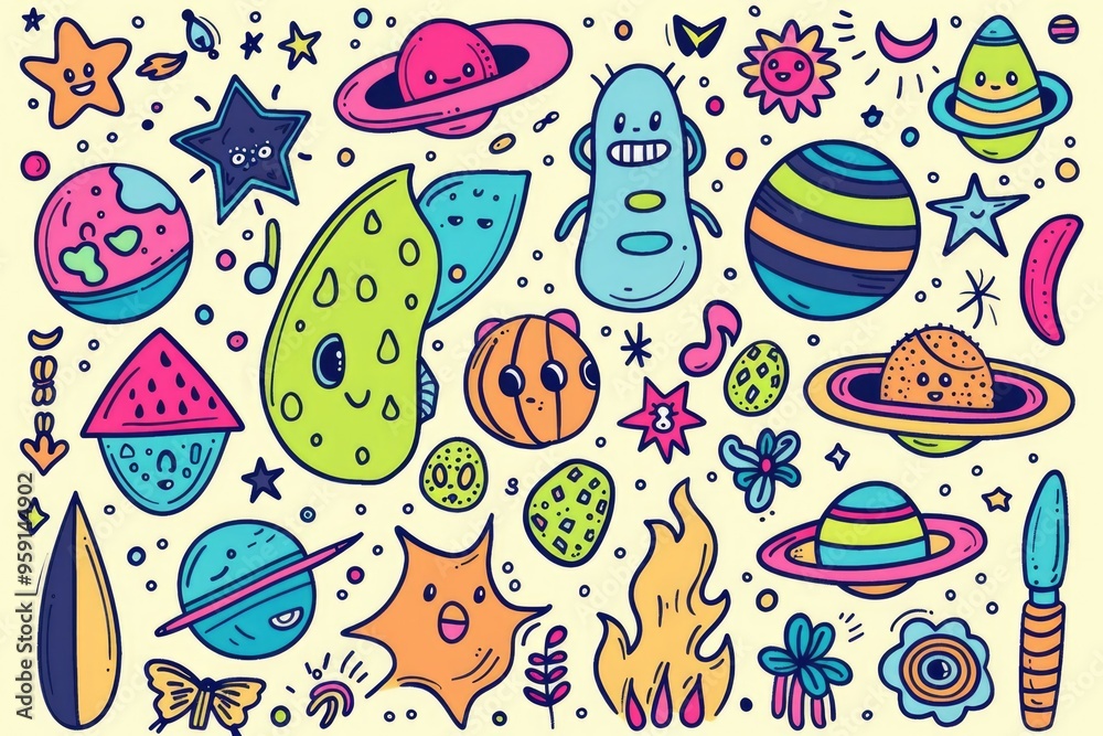 A collection of colorful objects against a white background, great for illustration and design needs A collection of colorful objects against a white background, great for illustration and design needs