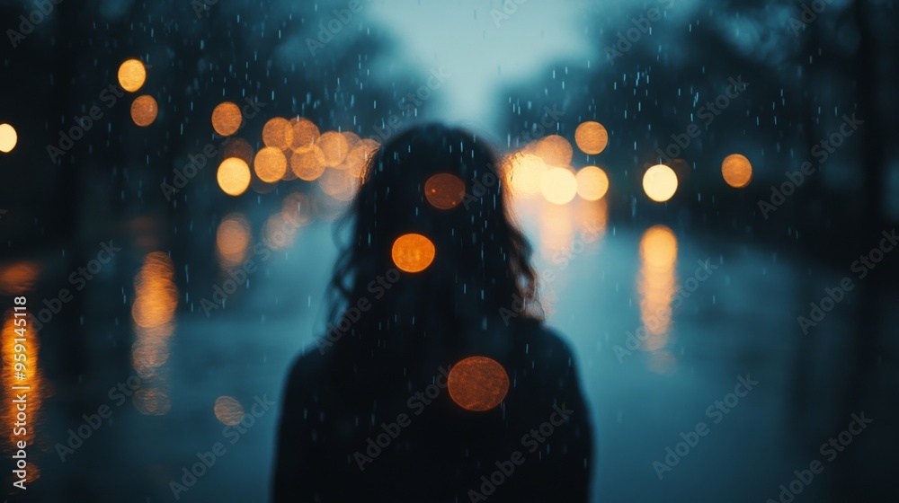 Silhouette of person standing in rain with city lights in background Silhouette of person standing in rain with city lights in background