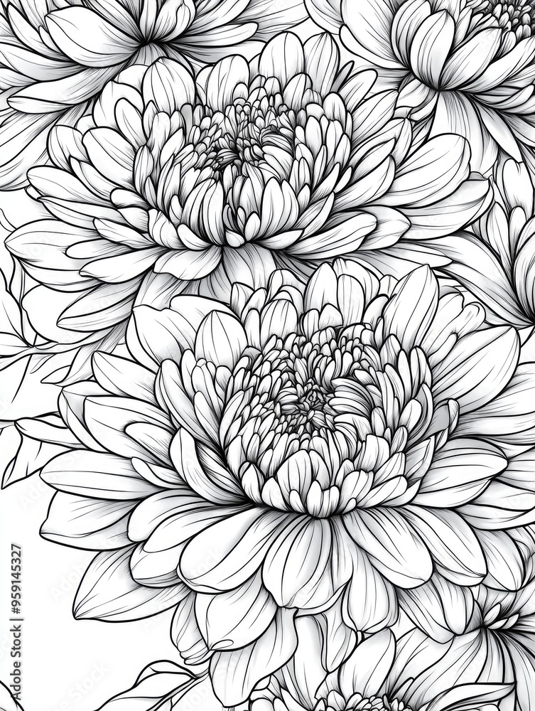 Digital line art illustration of chrysanthemum flowers showcasing autumn blooms in black and white Digital line art illustration of chrysanthemum flowers showcasing autumn blooms in black and white