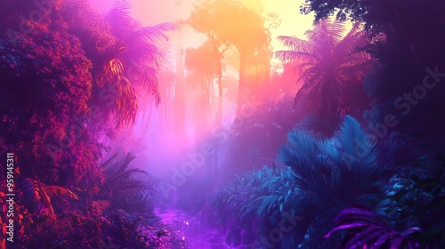 A surreal rainforest with dreamy, ethereal mist and a vibrant, psychedelic color scheme photo