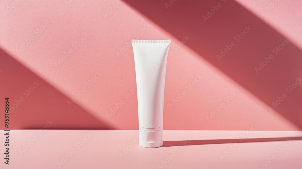 A mockup of a white tube of face cream on a soft pink background. Empty space for text or branding A mockup of a white tube of face cream on a soft pink background. Empty space for text or branding