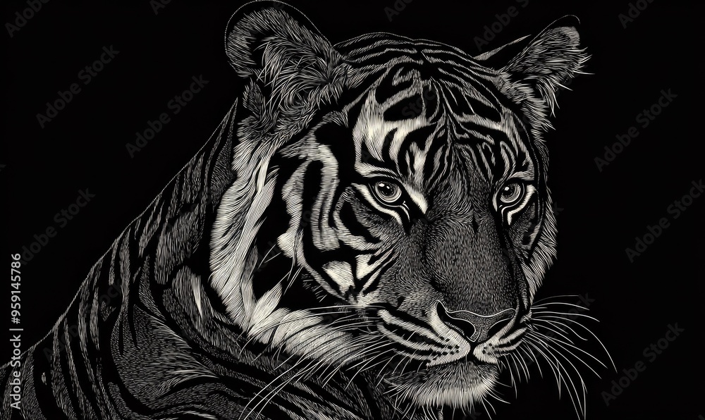 Line art illustration of a black tiger Line art illustration of a black tiger