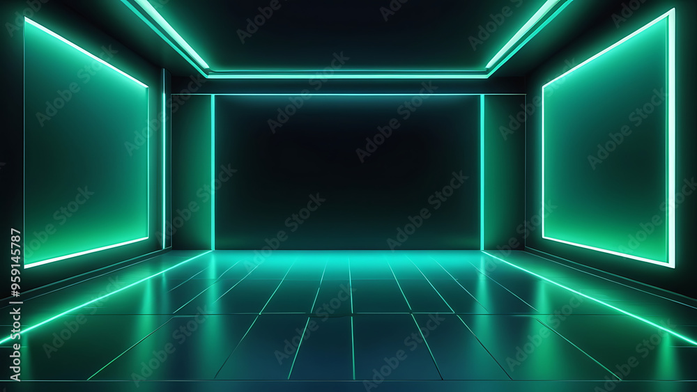 Blue-green gradient studio room, abstract background pattern, walls and floor reflect neon lights Blue-green gradient studio room, abstract background pattern, walls and floor reflect neon lights